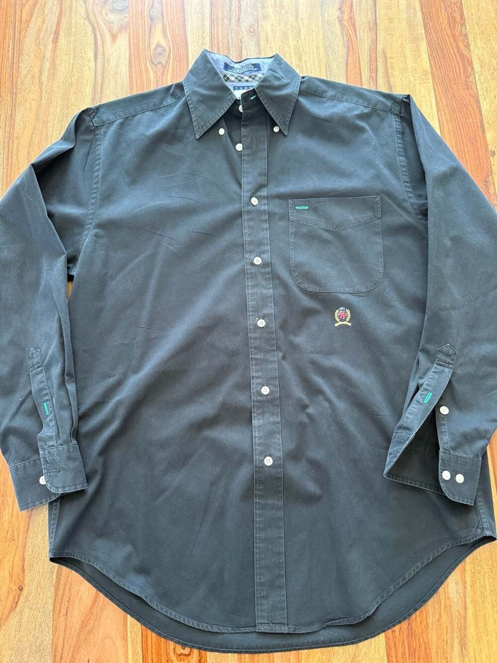 Tommy Hilfiger Vintage Crest Logo Button Down Shirt Black Size S